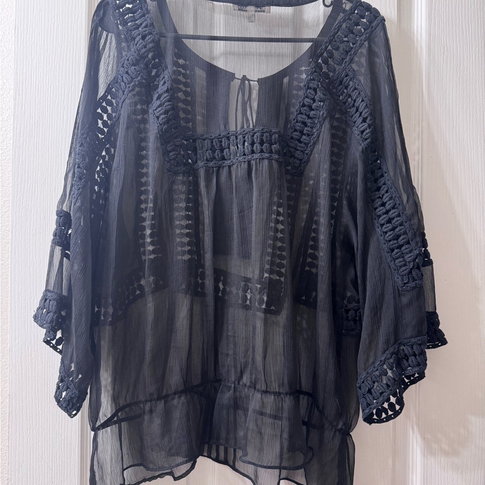 Black Rainn Sheer Crochet-Trim Peasant Blouse - Black